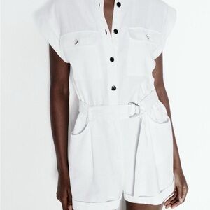 Zara White Button-Up Belted Jumpsuit